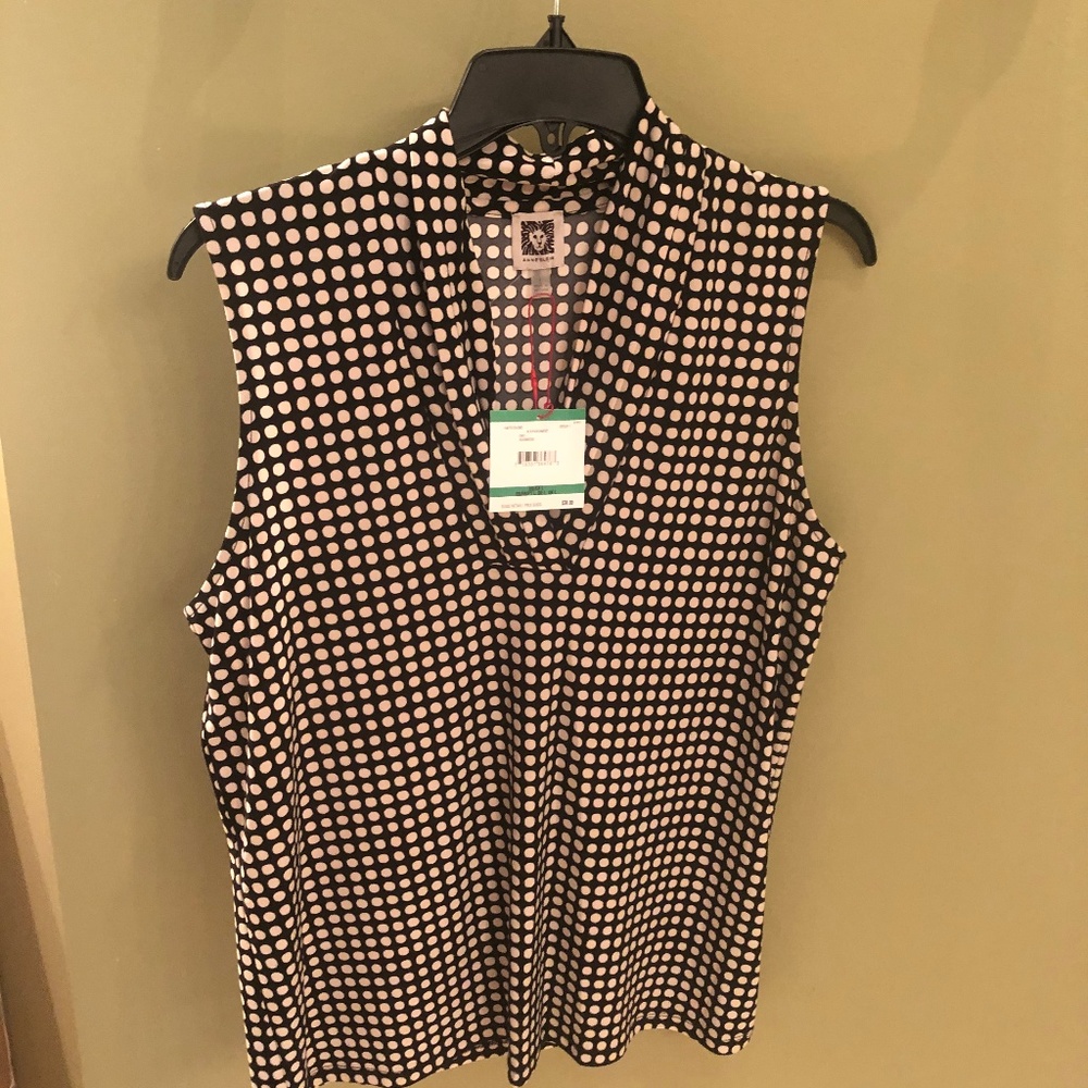 Anne Kline Sleeveless Pokadot Blouse, Size L
